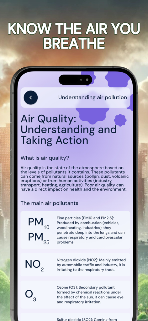 Pollution • Pollen • Widget - Educational screen in the Air Quality app explaining common pollutants like PM2.5 and Nitrogen Dioxide