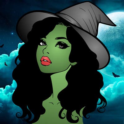 realistic witch girl with wavy hair and lips
