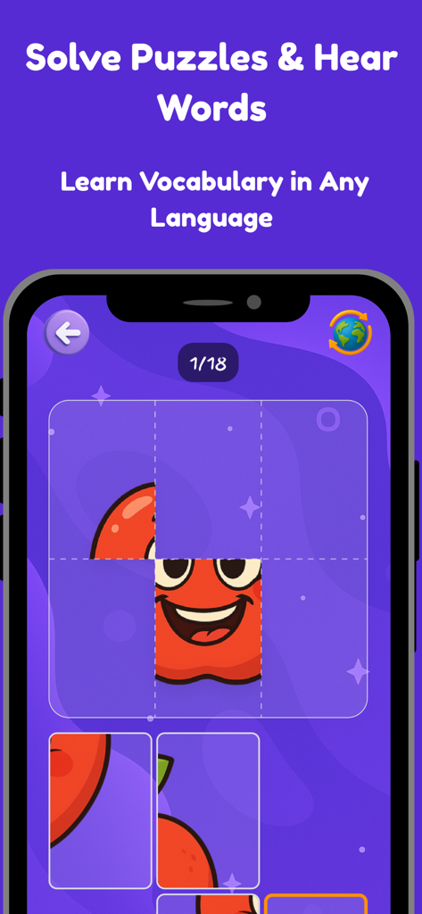 MiaLoo: Toddler Learning Games - Un juego de rompecabezas cuadrado para niños pequeños con un personaje amigable de manzana roja en la aplicación educativa MiaLoo.
