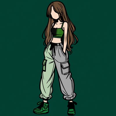 girl in baggy pants crop top and long hair