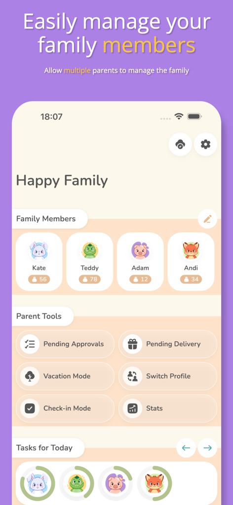 Family Rewards: Chore Chart - Family Rewards app dashboard displaying child profiles and parent management tools