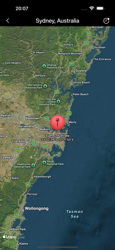 Sunrise Sunset Tracker - Map view with a location pin on Sydney Australia in the Sunrise Sunset Tracker app