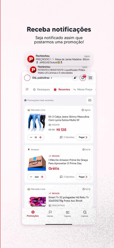 Pechinchou: Promoções e Cupons - Una interfaz móvil de Pechinchou que muestra notificaciones push para alertas de precios y un feed de ofertas de compras recientes de los principales minoristas.