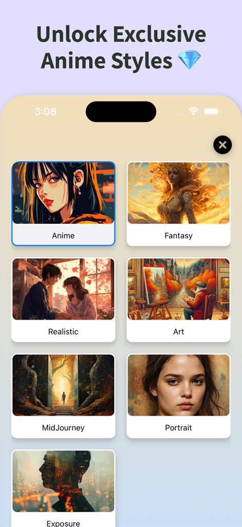 AI Anime Art Generator App - アニメファンタジーやリアルなフィルターを含む限定AIアートスタイルを表示するモバイルアプリのインターフェース