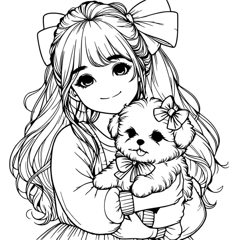 realistic girl holding a puppy and the puppy is super fluffy and has a bow on it
