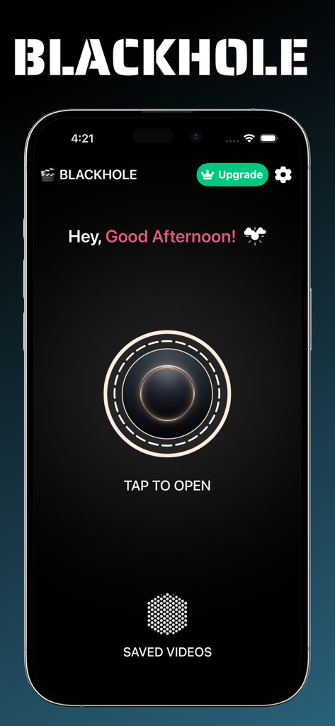 Blackhole Spliter, Video Saver - Blackhole Video Splitter and Saver app home screen with Tap to Open button