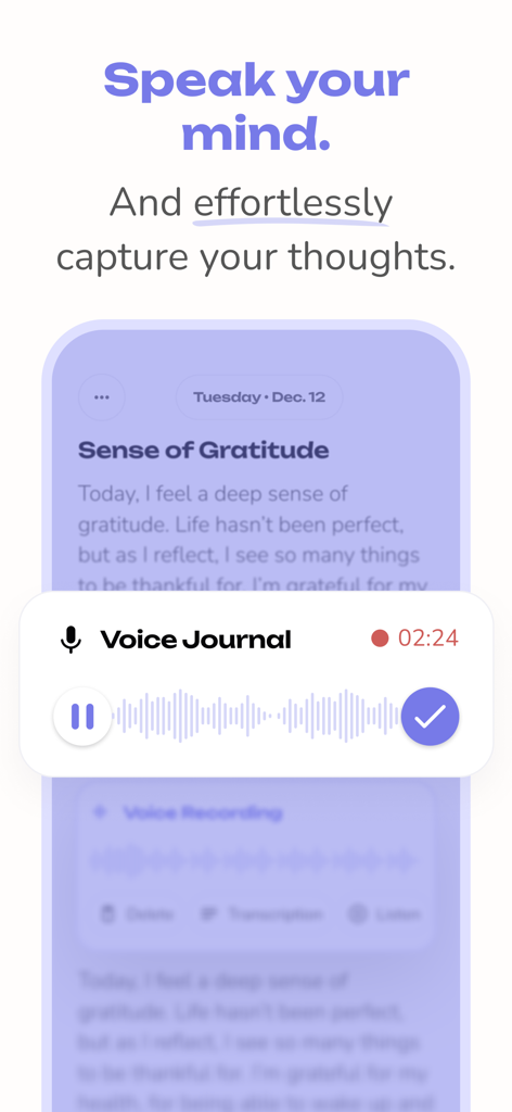 Interface of the Reflection app showing the voice-to-text journaling feature for capturing thoughts effortlessly.