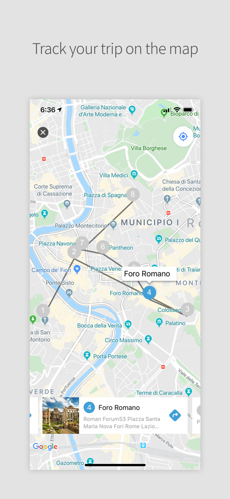 DAILY TRIP - Trip History - Daily Tripアプリの地図ビュー。ローマを巡る番号付きの旅行旅程が表示されています