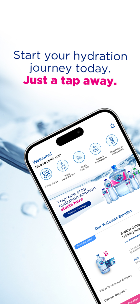 Nestle Waters mobile app showing water delivery and subscription options