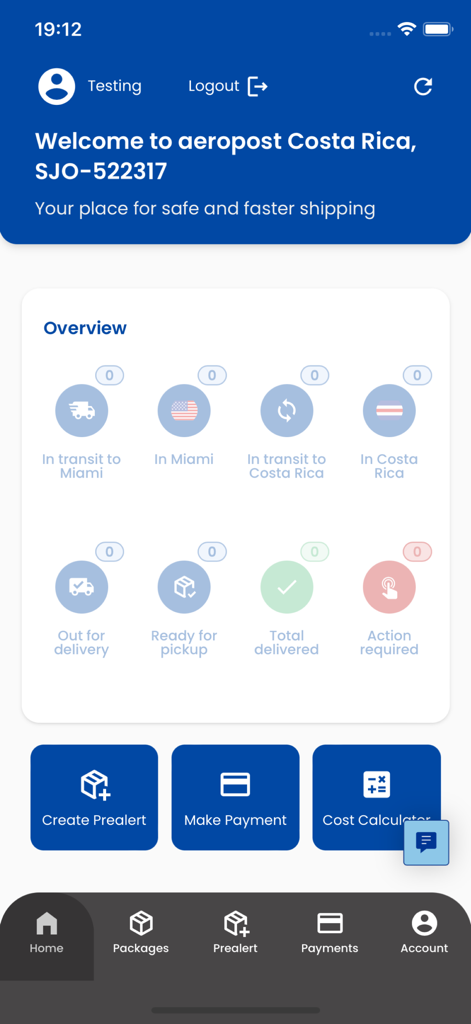 Aeropost - Interfaz de la aplicación móvil Aeropost que muestra el estado del envío y el resumen del seguimiento de paquetes