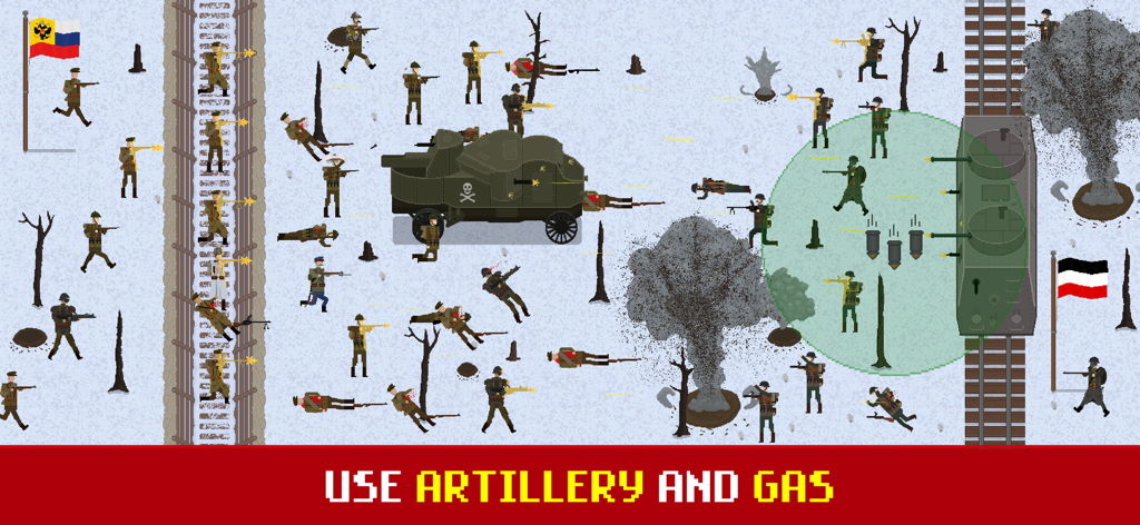 Trench Warfare WW1: Army War - Campo de batalla pixel art en Guerra de Trincheras WW1 que muestra fuego de artillería y un área de ataque de gas