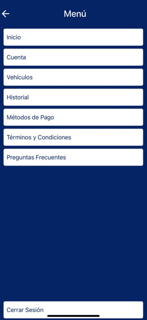 Pantalla del menú de navegación de la app de estacionamiento ZPP Bogota mostrando opciones de cuenta y vehículo