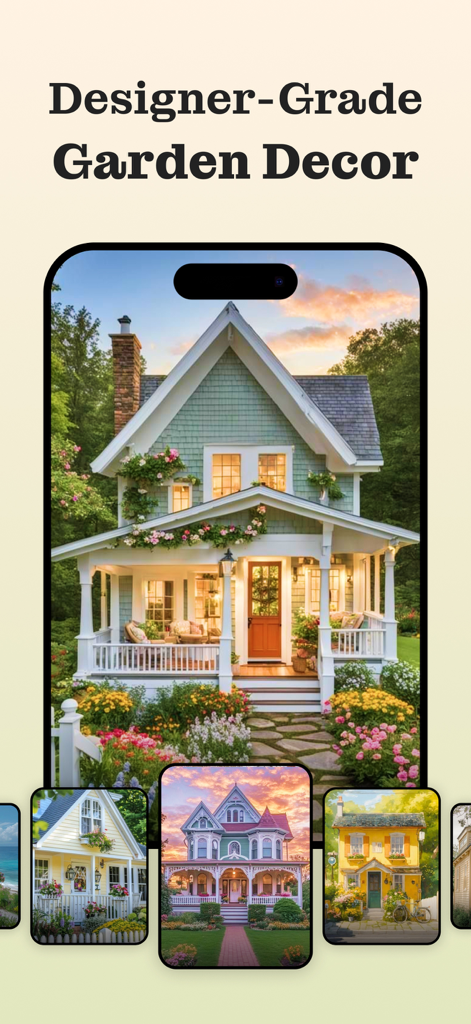 Homely AI - Interior Design - Interface de aplicativo móvel exibindo opções de decoração de jardim de nível de designer e design de casas exteriores