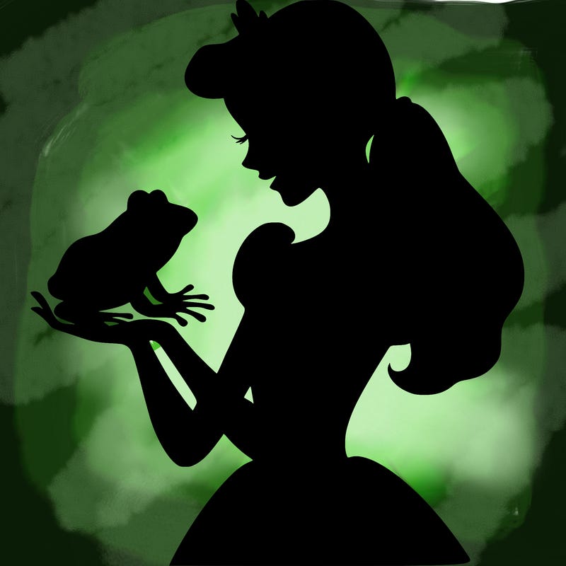 a shadow of a princess holding a frog realistic