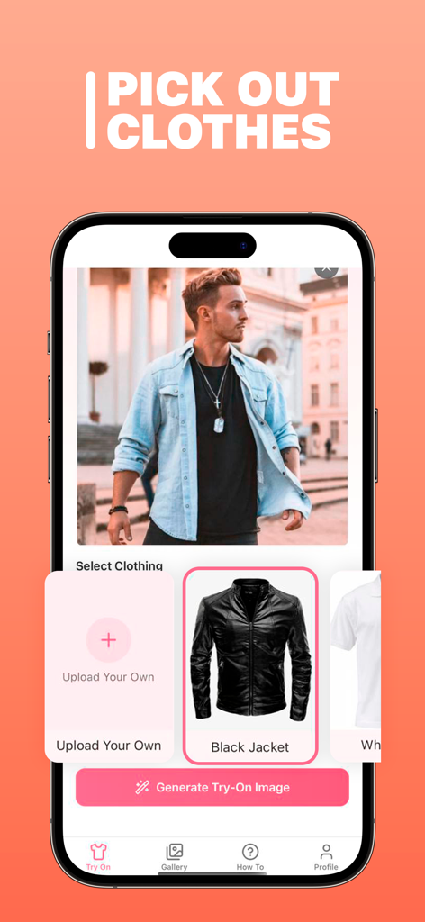 Interface de l'application PixelPro Vision montrant la fonction de sélection de vêtements avec une veste noire sélectionnée pour un essayage virtuel