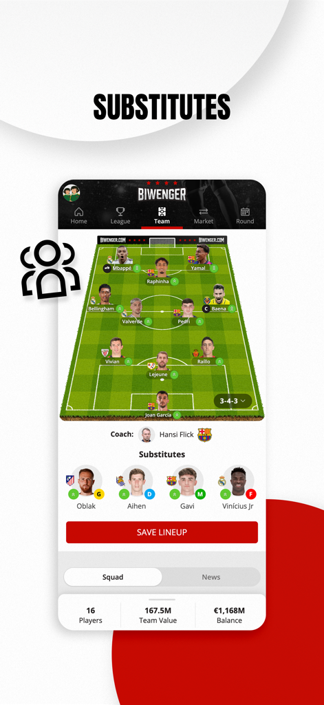 Biwenger - Fantasy Manager - Biwenger fantasy manager screen showing soccer team formation and substitutes list