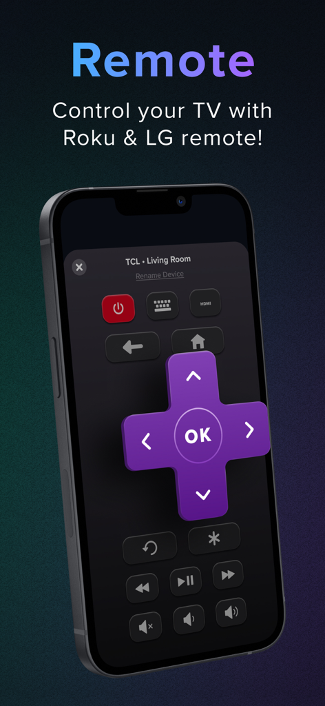 Interfaz de control remoto de TV digital para dispositivos Roku y LG dentro de la aplicación Reelgood.