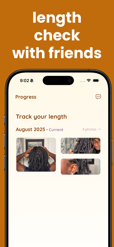 type4hair - A screen from the type4hair app displaying a hair growth progress tracker with photos of braided hair for a monthly length check.
