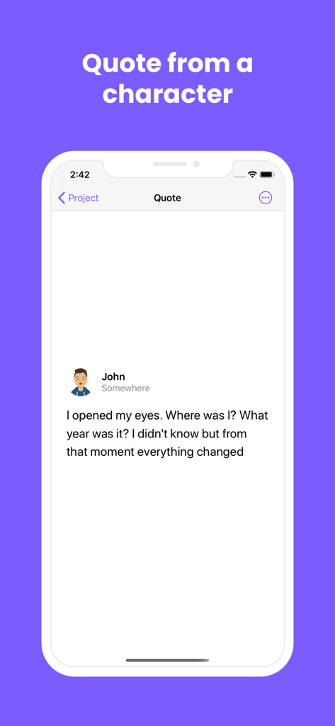 TypeStory - TypeStory app interface showing a character quote and monologue scene from a story