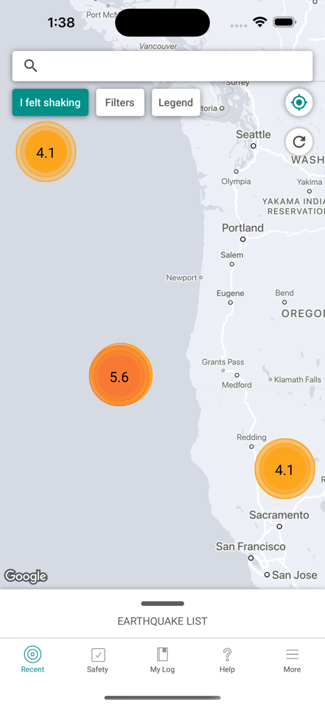 Interface de mapa do aplicativo MyShake mostrando magnitudes e localizações de terremotos recentes ao longo da Costa Oeste dos Estados Unidos