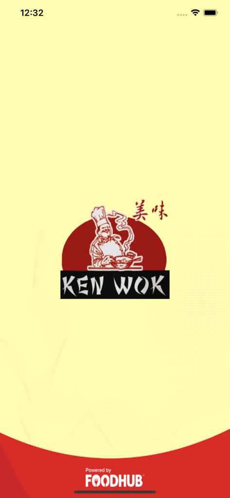 Ken Wok Cumbernauld - Startbildschirm der mobilen App von Ken Wok Cumbernauld mit dem Restaurantlogo, einem Koch und der Foodhub-Marke unten