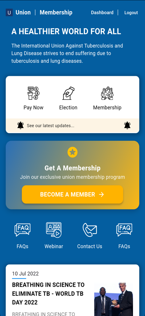 The Union Membership - Dashboard of The Union Membership app featuring options for paying dues, member elections, and professional networking.