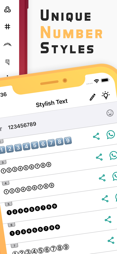 Interface of Stylish Text app showing various unique number font styles for social media and gaming