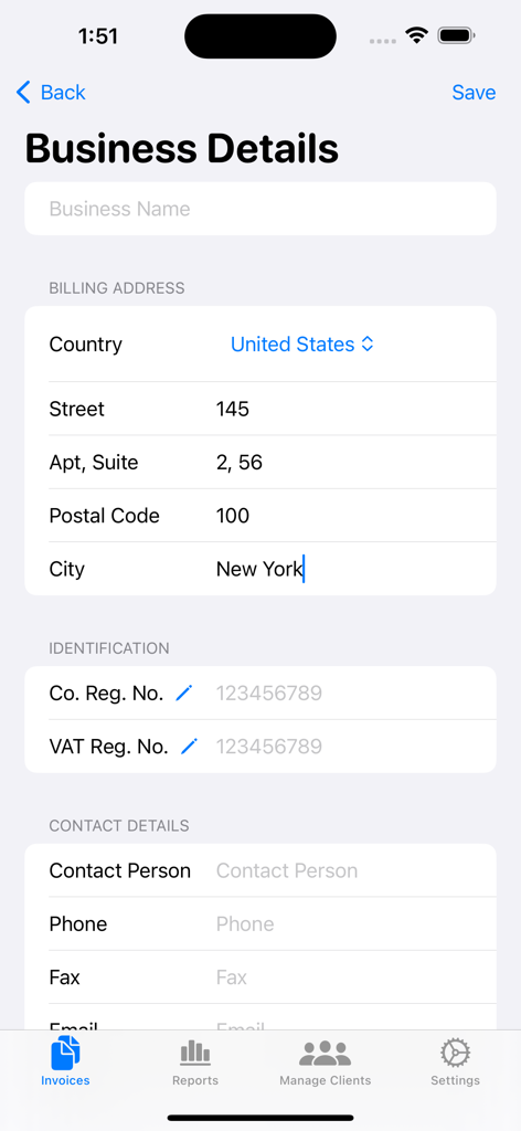 Simple Invoice Makerのビジネス詳細設定画面