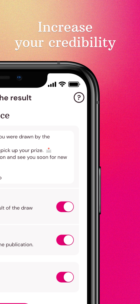 Lukky - Social Giveaways - Lukky app interface displaying settings for fair winner selection and credibility in social media contests