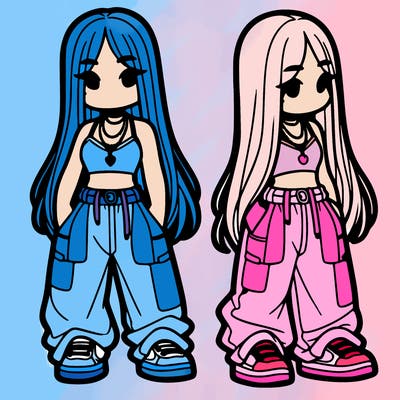 girl in baggy pants crop top and long hair