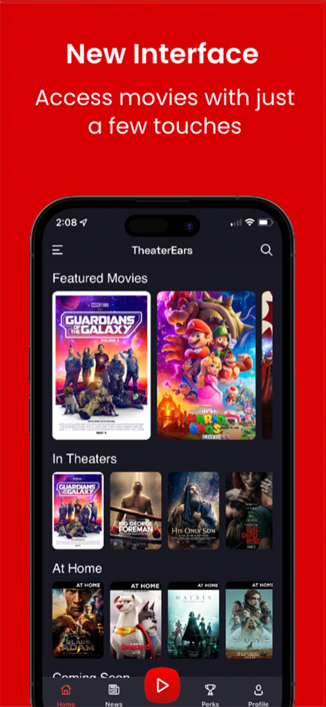TheaterEars - TheaterEars mobile app interface showing featured movies and current cinema releases for synchronized Spanish audio.