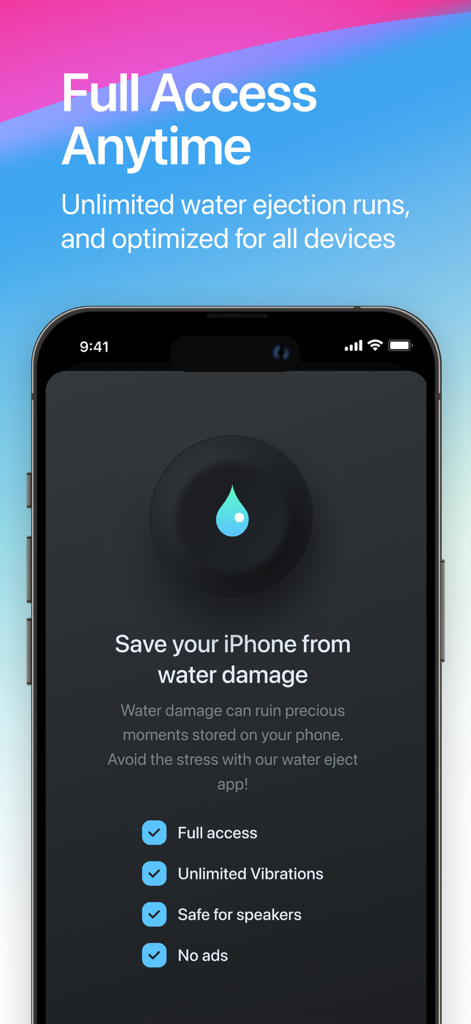 Water Eject - iPhone screen showing the Water Eject app with benefits like unlimited vibrations and safe water removal from speakers