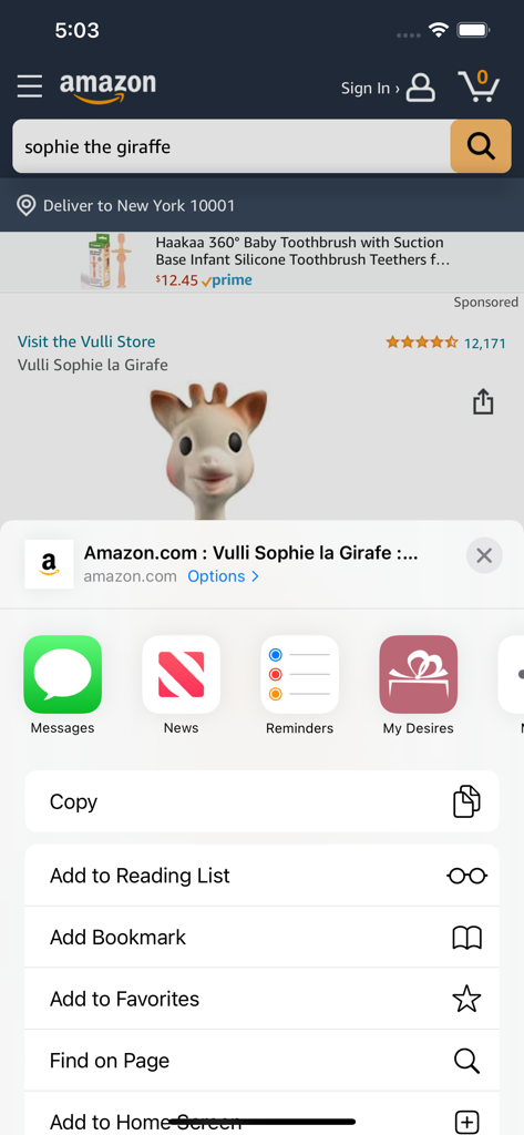 iOS share menu showing the My Desires app icon to add a product from Amazon to a wishlist.