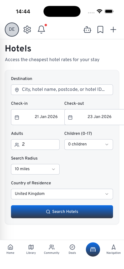 MIVIA 2.0 - Écran de recherche et de réservation d'hôtel dans l'application mobile MIVIA 2.0.