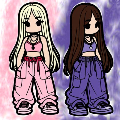 girl in baggy pants crop top and long hair