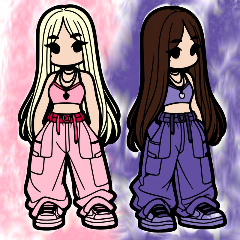 girl in baggy pants crop top and long hair