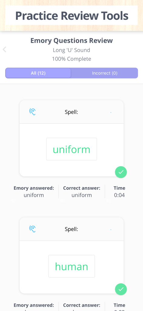Spelling Ace 4th Grade - A practice review screen from the Spelling Ace 4th Grade app showing a students spelling performance with metrics for the words uniform and human.