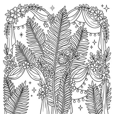 Immerse yourself in a beautiful blend of nature and romance with this Ostrich Fern Wedding coloring page. Delicate fronds are beautifully adorned with elegant floral arches, draped fabrics, and sparkling wedding rings, perfect for celebrating love.