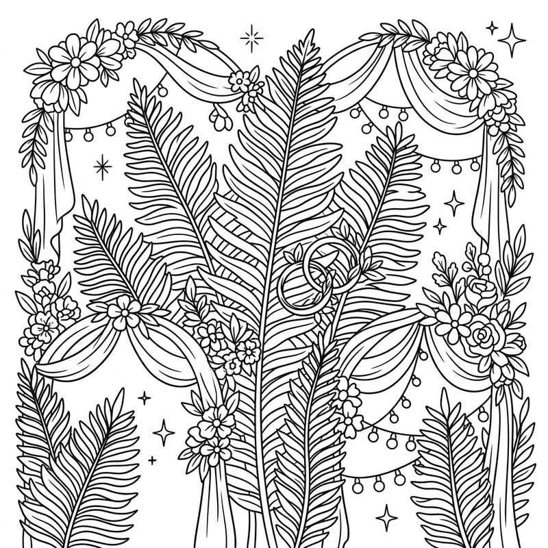 Immerse yourself in a beautiful blend of nature and romance with this Ostrich Fern Wedding coloring page. Delicate fronds are beautifully adorned with elegant floral arches, draped fabrics, and sparkling wedding rings, perfect for celebrating love.