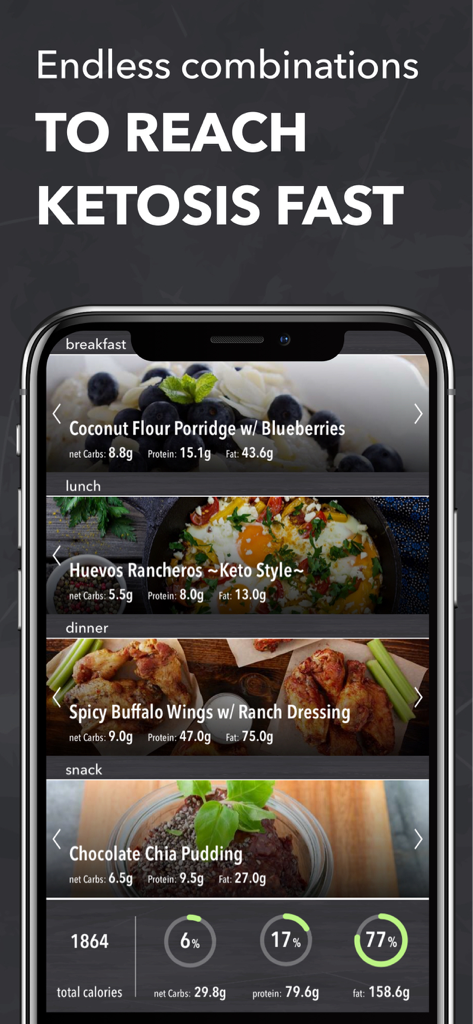 Keto Recipes app interface showing a daily meal plan with macro nutrient tracking for ketosis