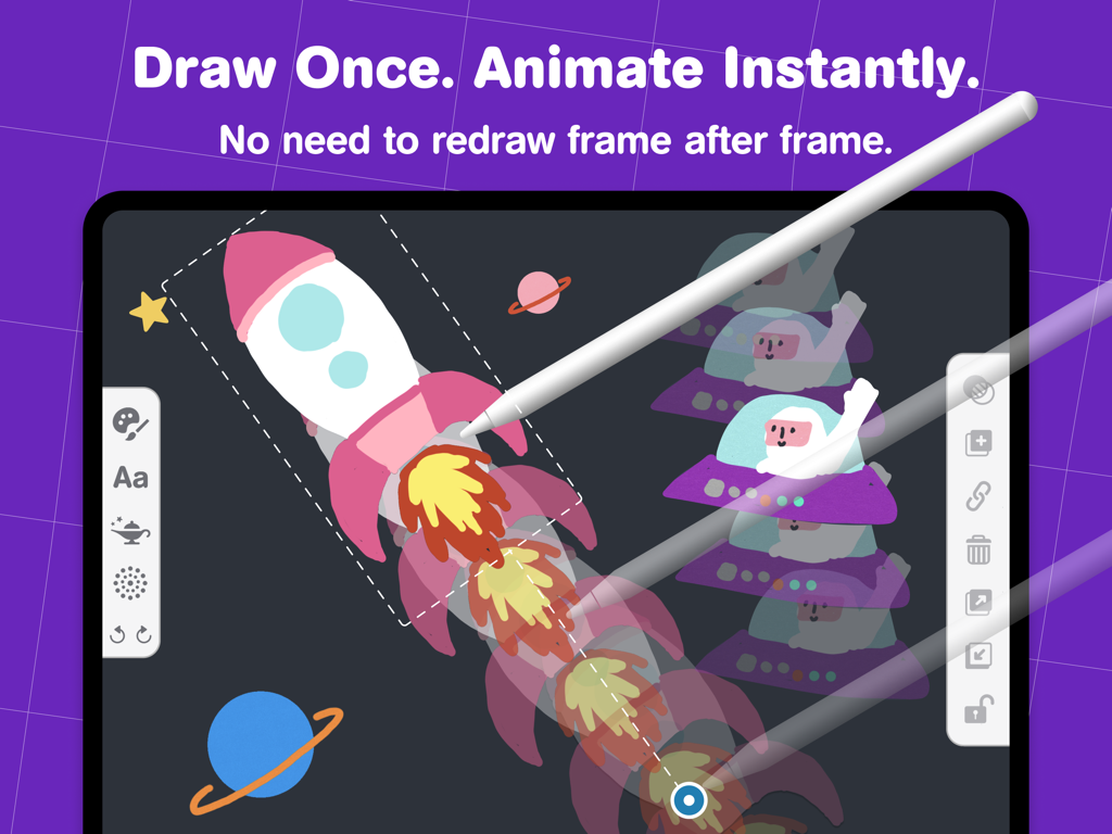 Pilo Animation Kit - Pilo Animation Kit app showing a rocket drawing being animated on an iPad