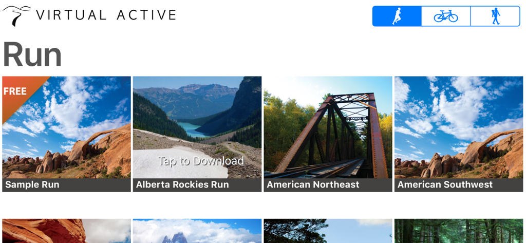 Virtual Active - Virtual Active app screen showing a selection of scenic running routes like Alberta Rockies and American Southwest