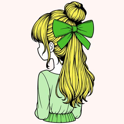 realistic girl  with hip length hair a bun and a big bow on the back of head