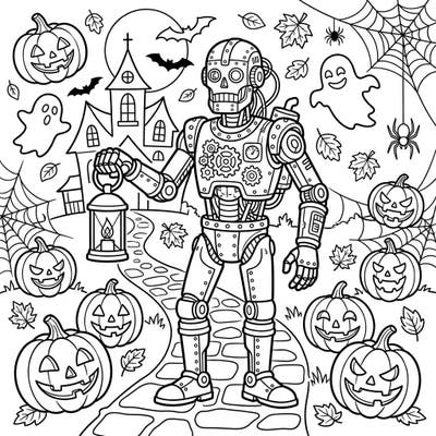 Unleash your creativity with this unique Halloween coloring page featuring a fascinating relic cyborg. Explore a world where ancient technology meets spooky delights, surrounded by pumpkins, ghosts, and a haunted house.