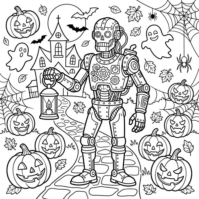 Unleash your creativity with this unique Halloween coloring page featuring a fascinating relic cyborg. Explore a world where ancient technology meets spooky delights, surrounded by pumpkins, ghosts, and a haunted house.