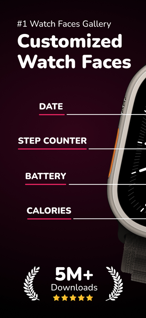 Watch Faces & Wallpapers - Apple Watch Ultra displaying custom watch face complications for date step counter battery and calories