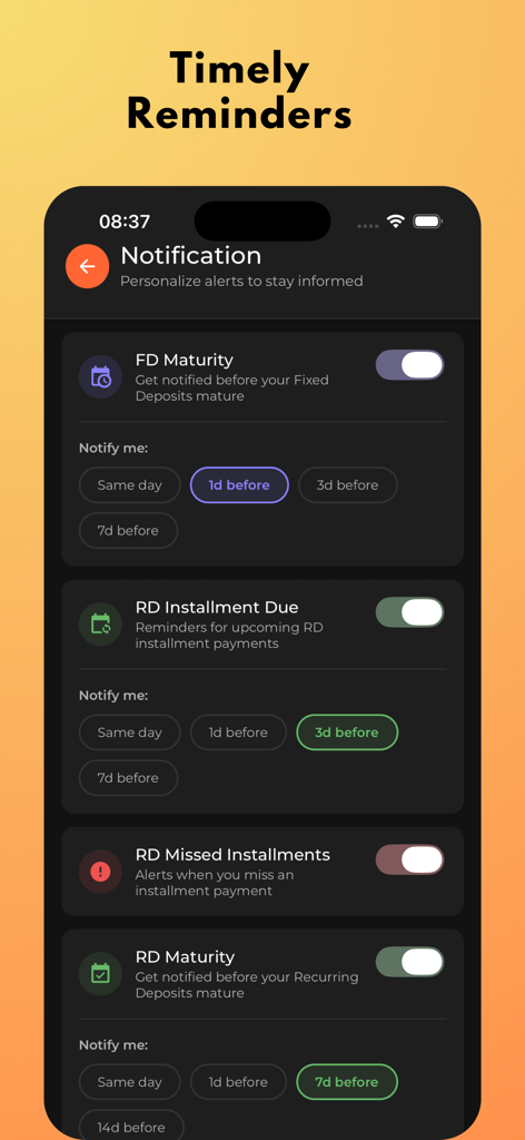Notification settings screen for Fixed and Recurring Deposit maturity reminders