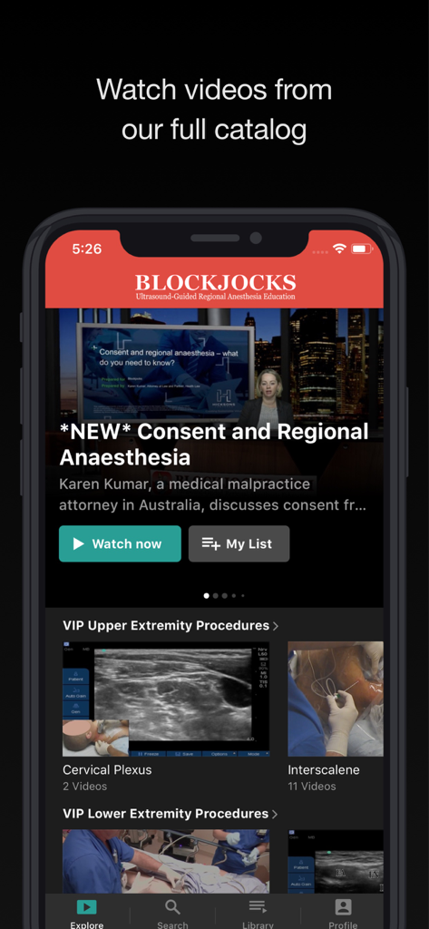 BLOCKJOCKS - BLOCKJOCKS Mobile App-Oberfläche, die einen Katalog von Lehrvideos zur ultraschallgeführten Regionalanästhesie zeigt