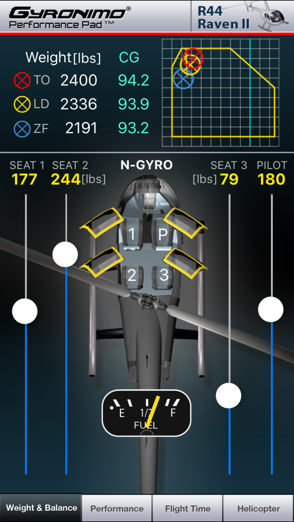 R44 Pad XS - Robinson R44 helicopter weight and balance calculation interface with center of gravity graph and passenger weight inputs