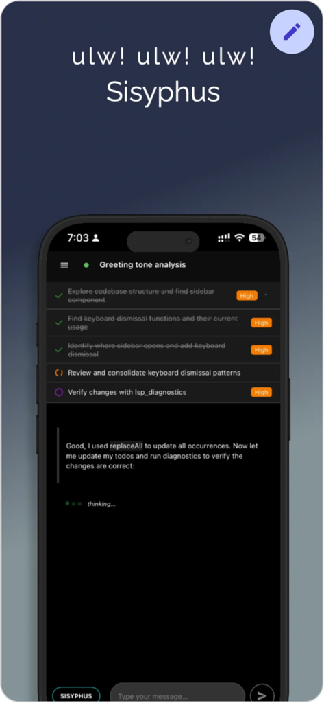 A smartphone showing the OpenCode Mobile App with a developer task list and an AI assistant named Sisyphus performing code analysis.